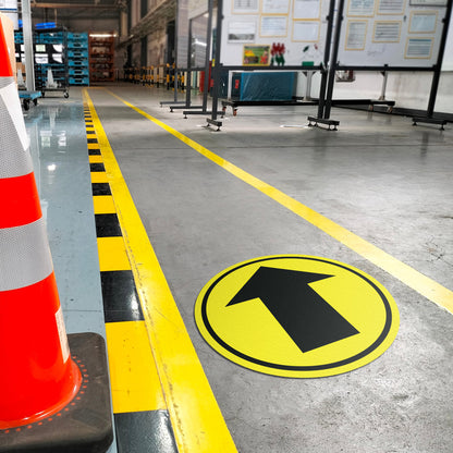 17 x 17in Floor Sticker: Directional Arrow Yellow Sign (2-Pack)