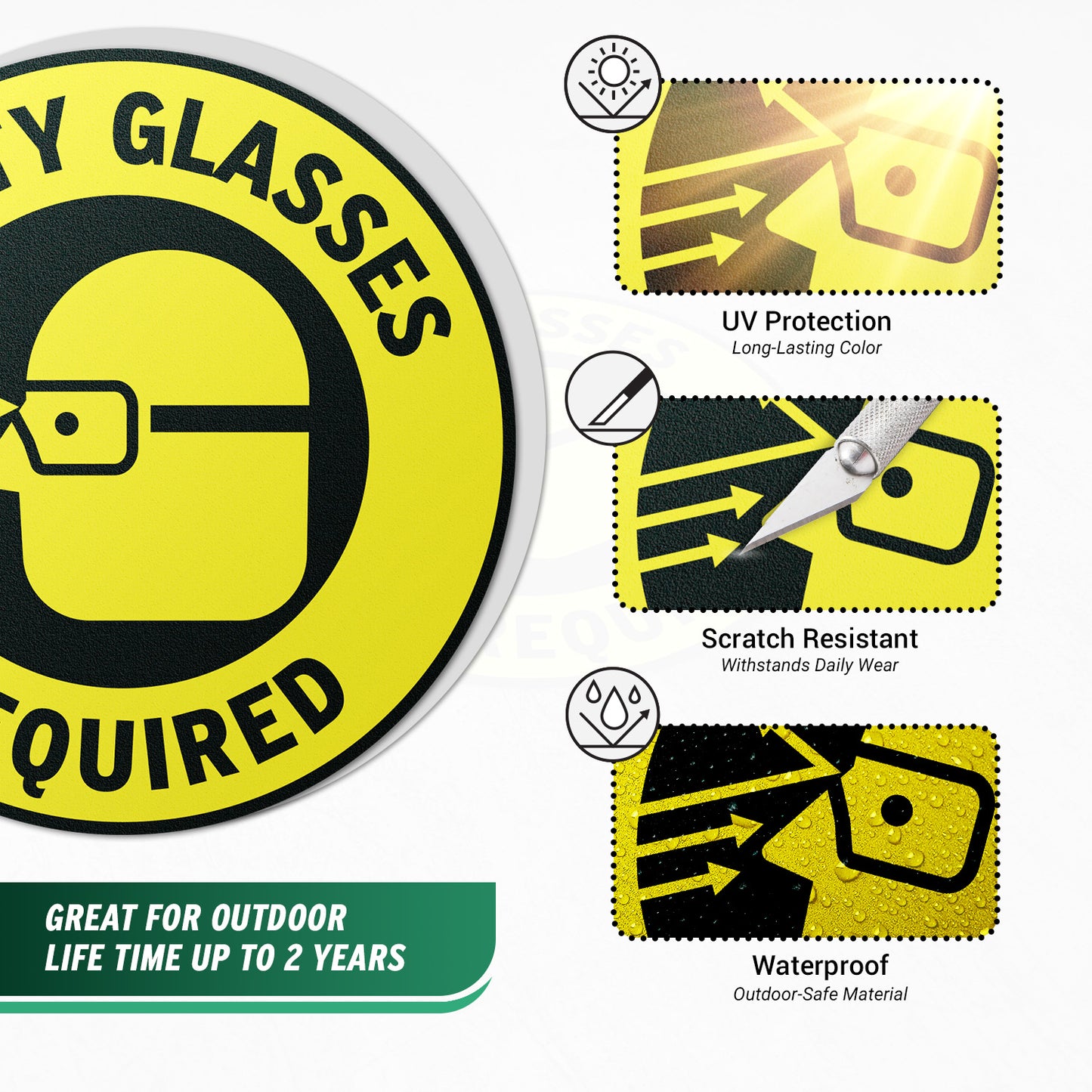 17 x 17in Floor Sticker: Safety Glasses Required Yellow Sign (2-Pack)