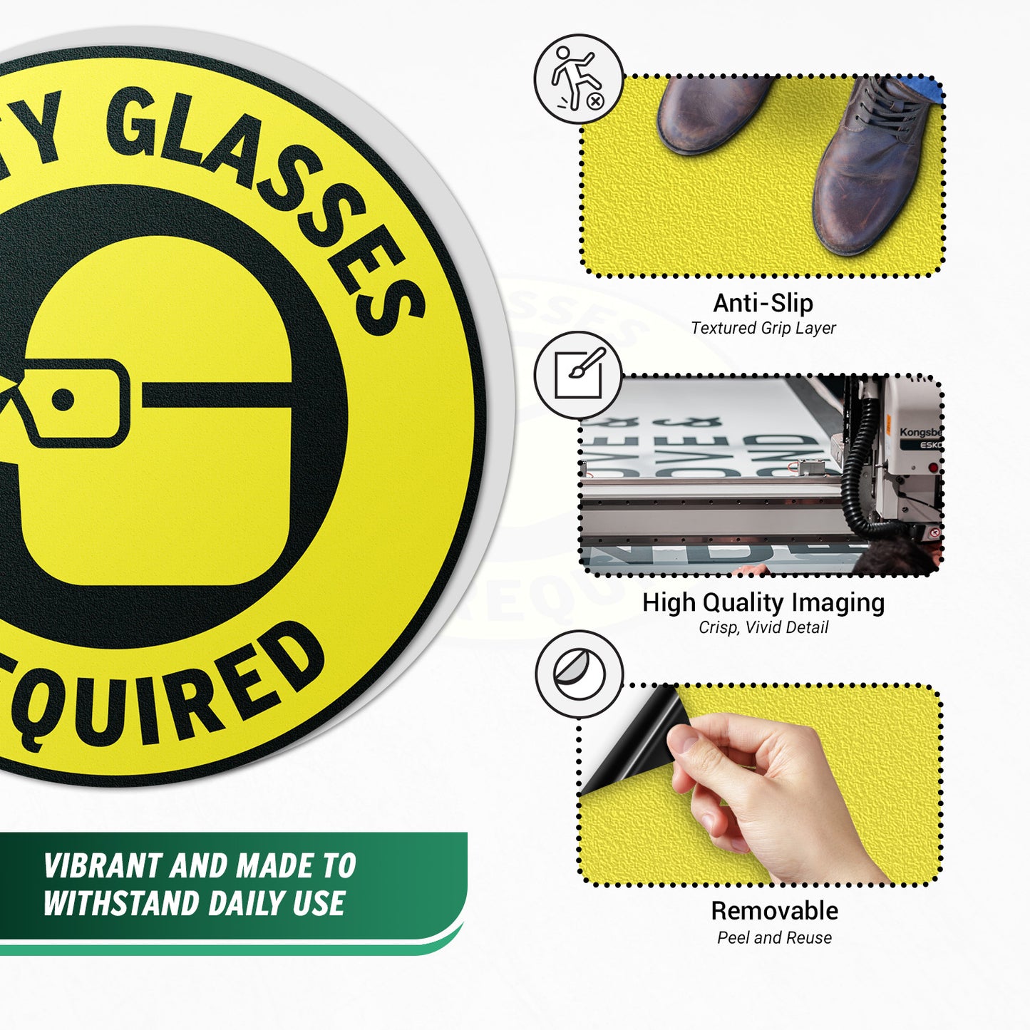 17 x 17in Floor Sticker: Safety Glasses Required Yellow Sign (2-Pack)