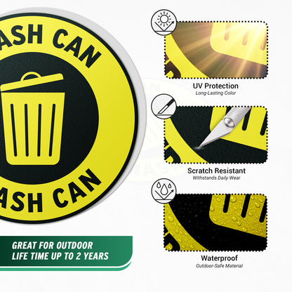17 x 17in Floor Sticker: Trash Can Yellow Waste Sign (2-Pack)