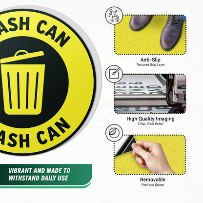 17 x 17in Floor Sticker: Trash Can Yellow Waste Sign (2-Pack)