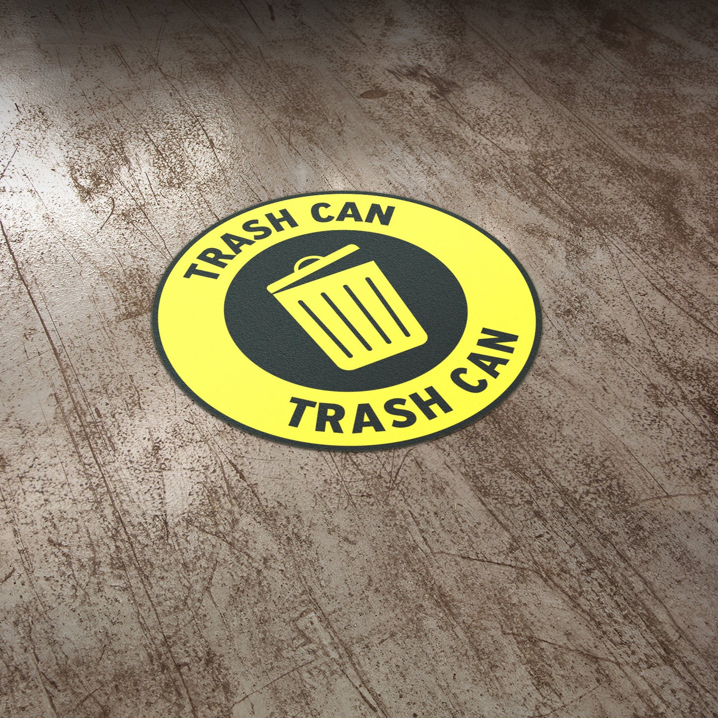 17 x 17in Floor Sticker: Trash Can Yellow Waste Sign (2-Pack)