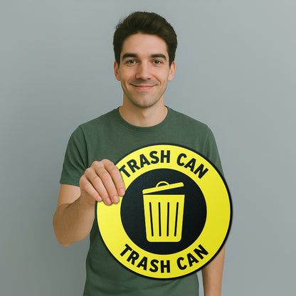 17 x 17in Floor Sticker: Trash Can Yellow Waste Sign (2-Pack)