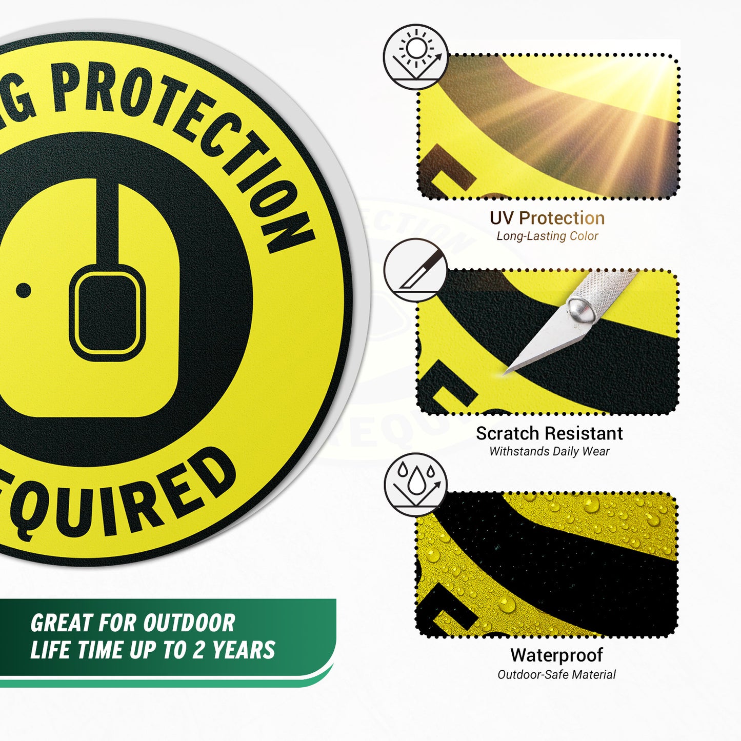 17 x 17in Floor Sticker: Hearing Protection Required Yellow Sign (2 Pack)