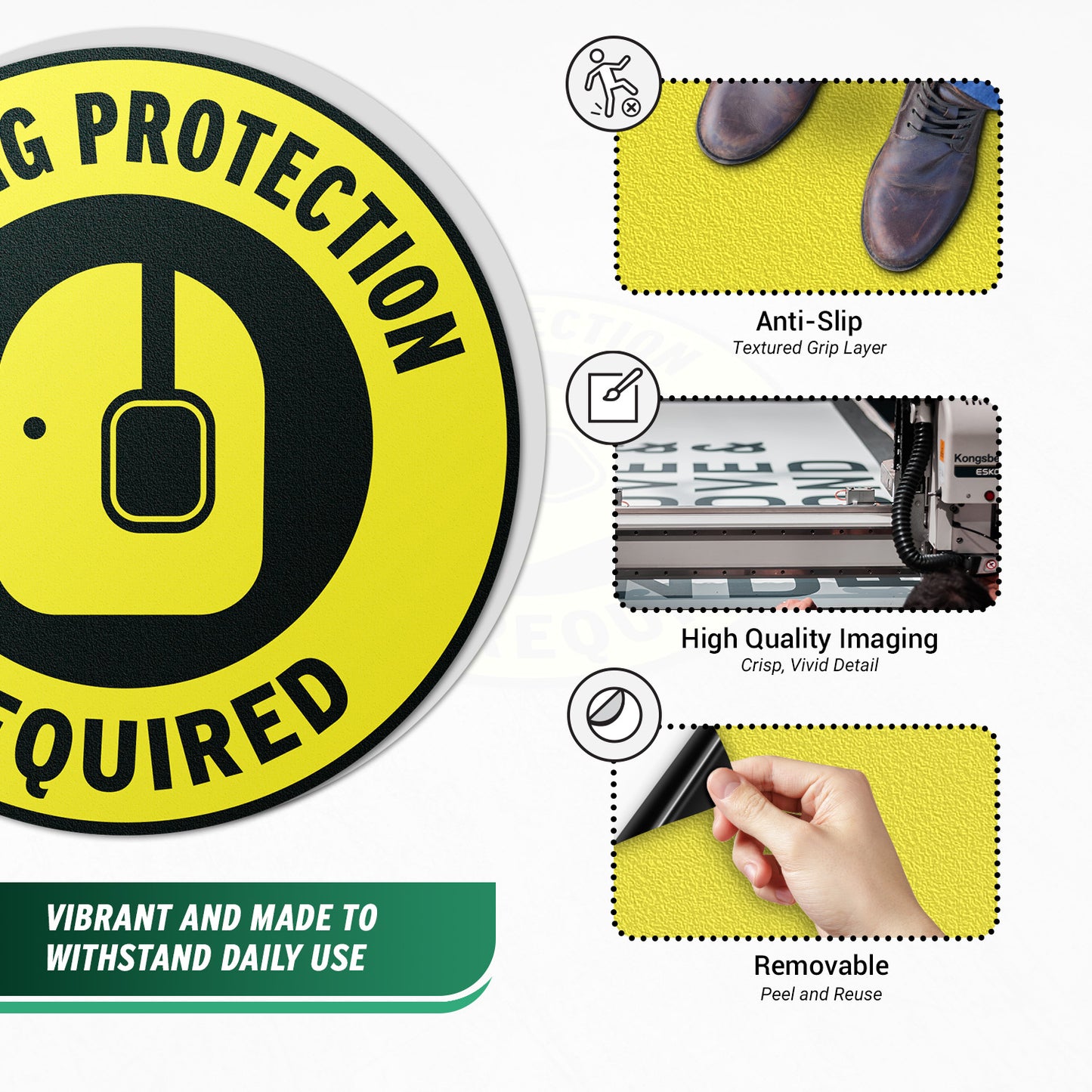 17 x 17in Floor Sticker: Hearing Protection Required Yellow Sign (2 Pack)