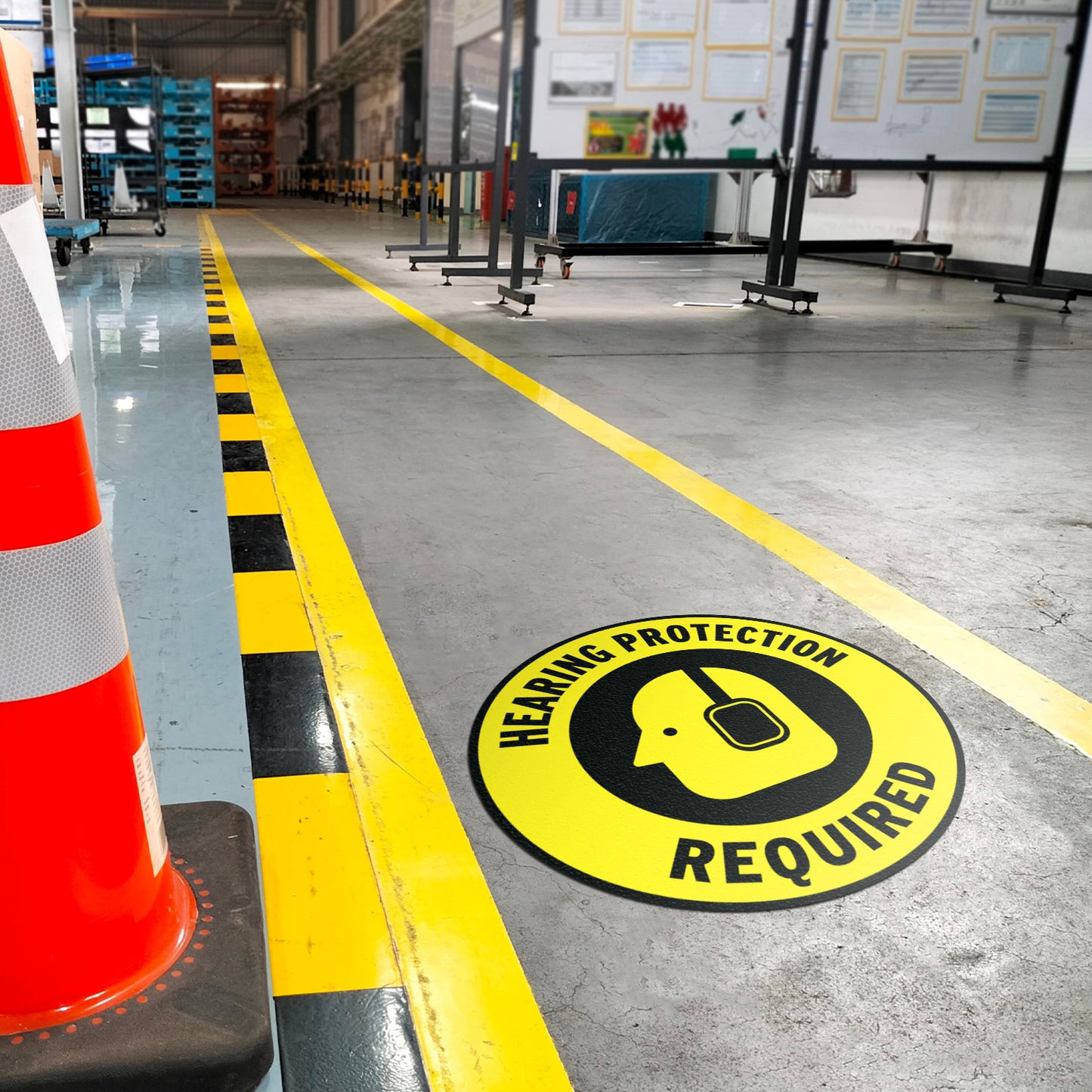 17 x 17in Floor Sticker: Hearing Protection Required Yellow Sign (2 Pack)