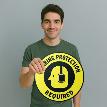 17 x 17in Floor Sticker: Hearing Protection Required Yellow Sign (2 Pack)