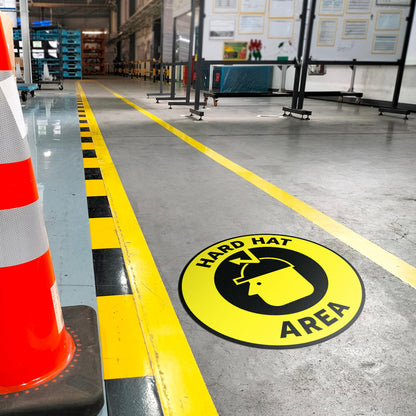 17 x 17in Floor Sticker: Hard Hat Area Yellow Sign (2 Pack)