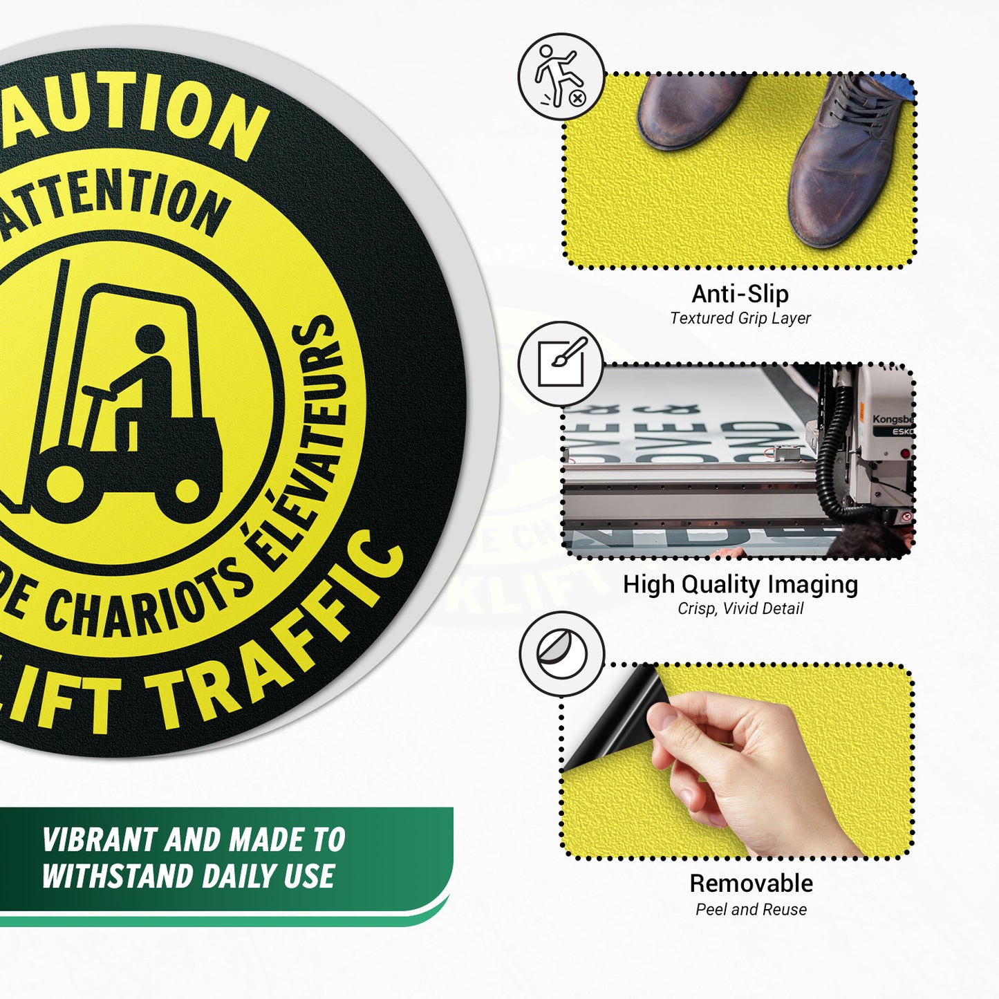 17 x 17in Floor Sticker: Caution Forklift Traffic Sign (Bilingual French, 2-Pack)