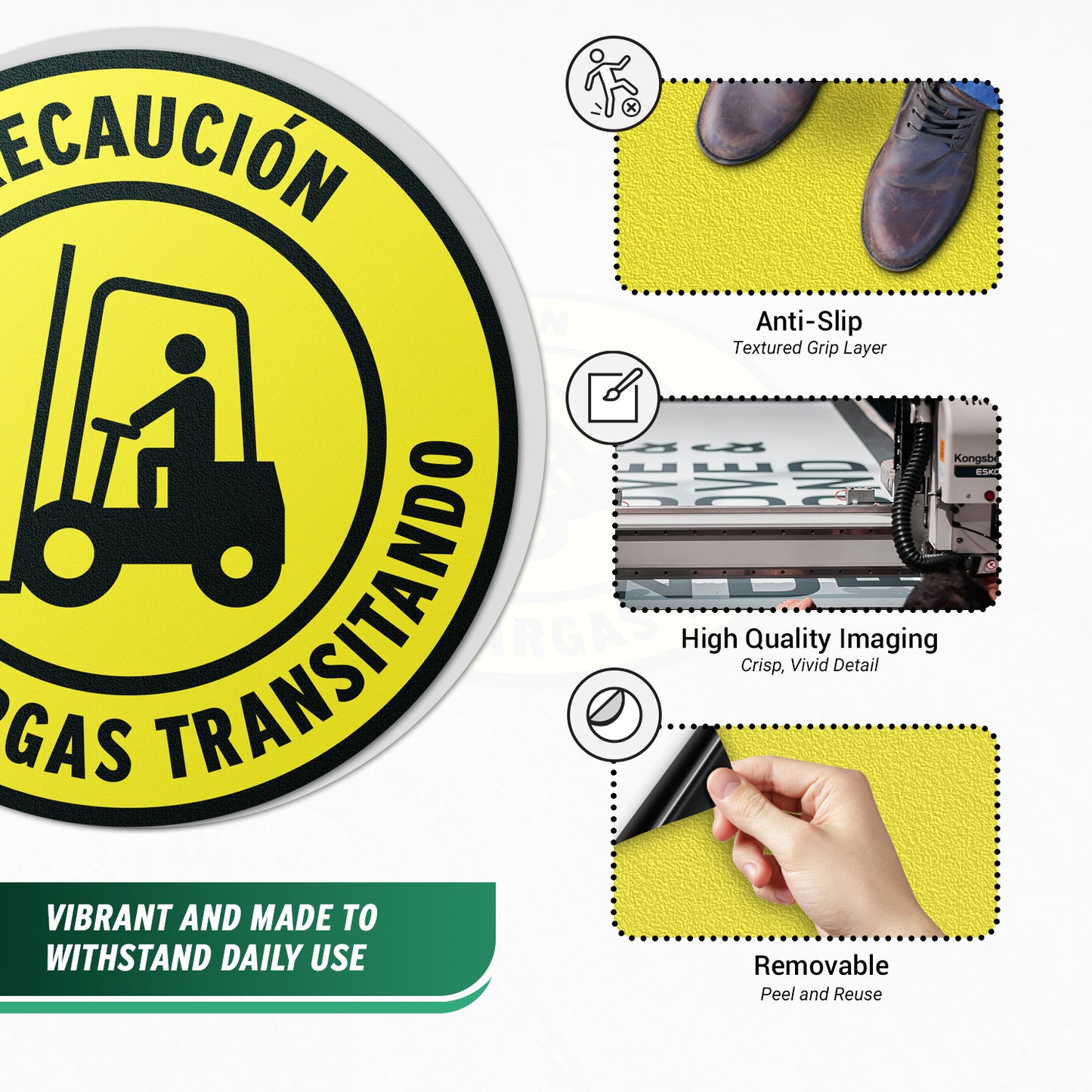 17 x 17in Floor Sticker: Precaucion Montacargas Transitando Forklift Caution (Spanish. 2-Pack)