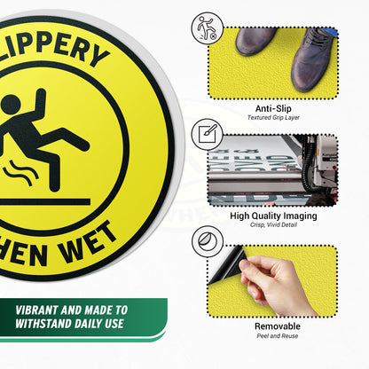 17 x 17in Floor Sticker: Slippery When Wet Yellow Caution Sign (2-Pack)