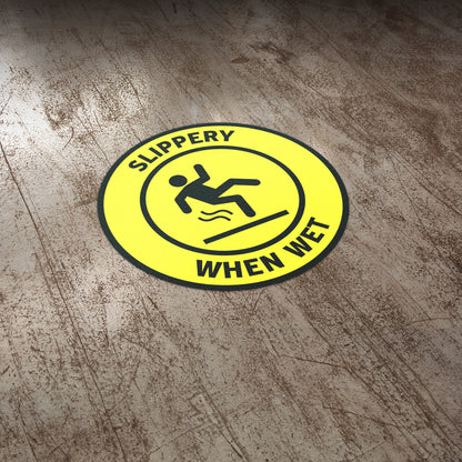 17 x 17in Floor Sticker: Slippery When Wet Yellow Caution Sign (2-Pack)