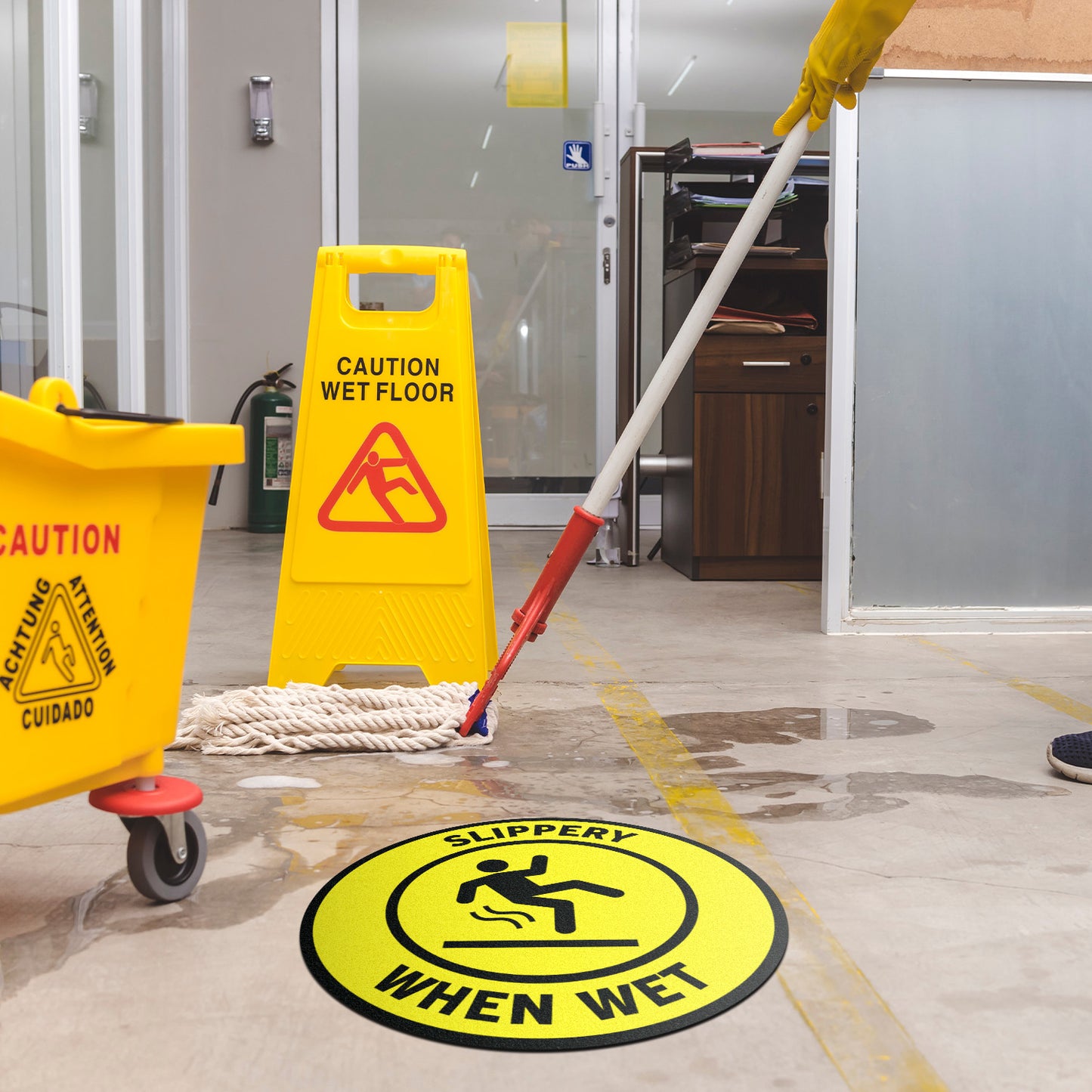 17 x 17in Floor Sticker: Slippery When Wet Yellow Caution Sign (2-Pack)