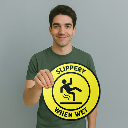 17 x 17in Floor Sticker: Slippery When Wet Yellow Caution Sign (2-Pack)
