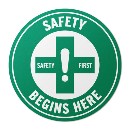 17 x 17in Floor Decals: Safety Begins Here Sign (2-Pack)
