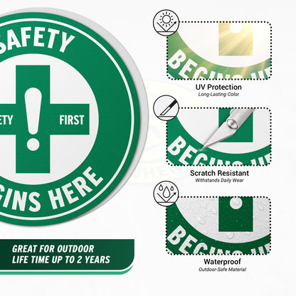 17 x 17in Floor Decals: Safety Begins Here Sign (2-Pack)
