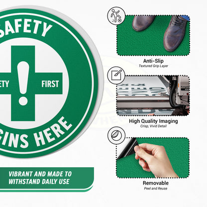 17 x 17in Floor Decals: Safety Begins Here Sign (2-Pack)