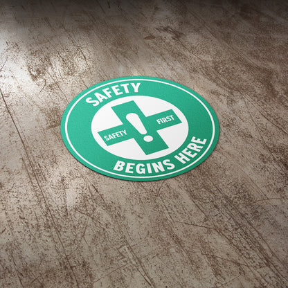 17 x 17in Floor Decals: Safety Begins Here Sign (2-Pack)