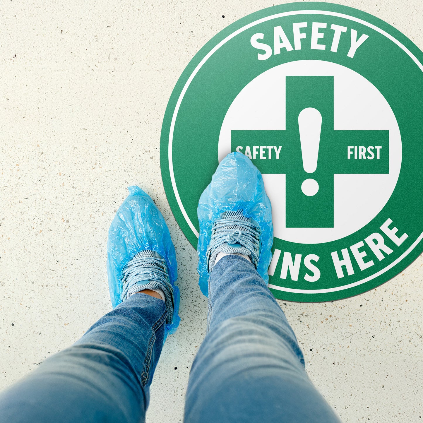 17 x 17in Floor Decals: Safety Begins Here Sign (2-Pack)