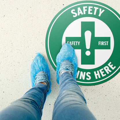17 x 17in Floor Decals: Safety Begins Here Sign (2-Pack)