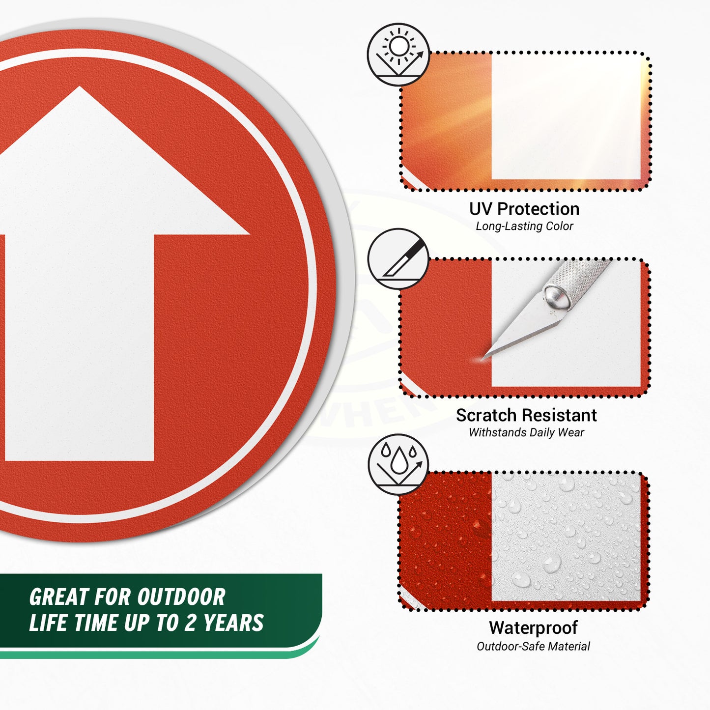 17 x 17in Floor Sticker: Red & White Directional Arrow Sign (2-Pack)