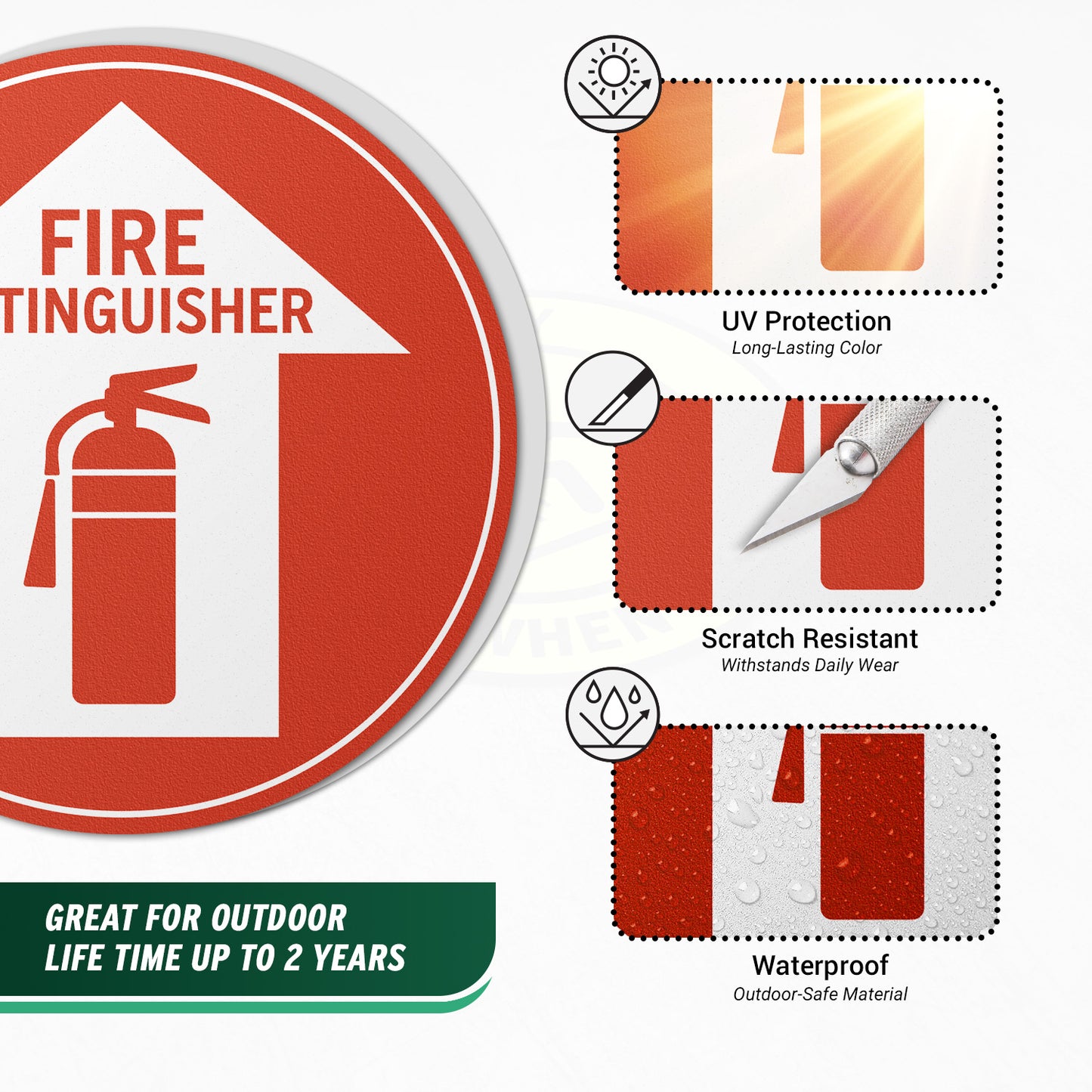 17 x 17in Floor Sticker: Fire Extinguisher White Arrow in Red Circle (2-Pack)