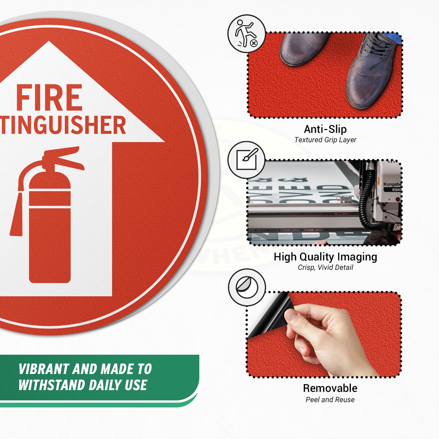 17 x 17in Floor Sticker: Fire Extinguisher White Arrow in Red Circle (2-Pack)