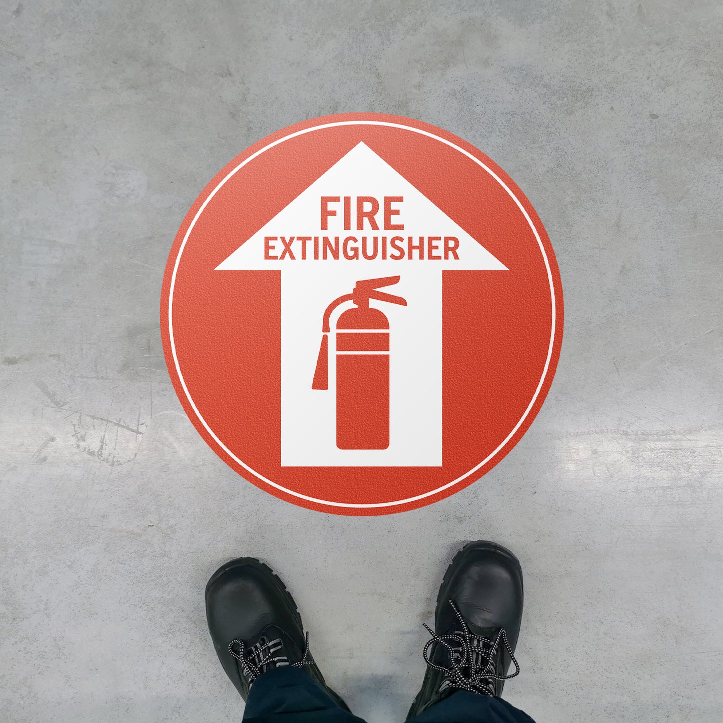 17 x 17in Floor Sticker: Fire Extinguisher White Arrow in Red Circle (2-Pack)