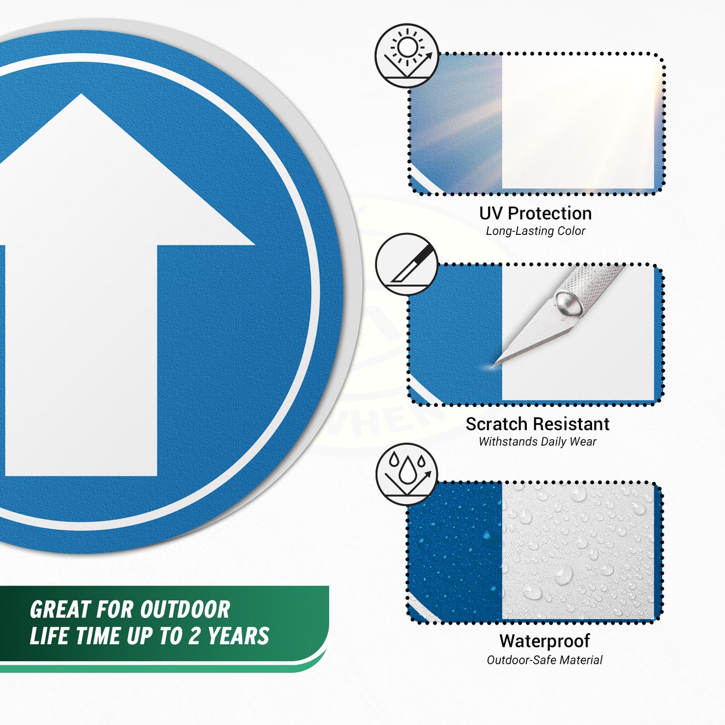17 x 17in Floor Sticker: White & Blue Arrow Directional Sign (2-Pack)