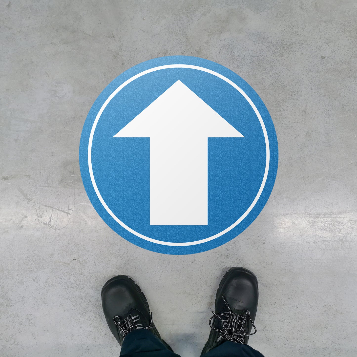 17 x 17in Floor Sticker: White & Blue Arrow Directional Sign (2-Pack)