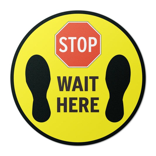 17 x 17in Floor Sticker: Stop Wait Here Yellow Sign (2-Pack)