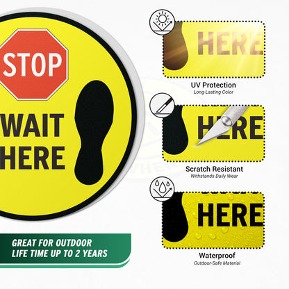 17 x 17in Floor Sticker: Stop Wait Here Yellow Sign (2-Pack)
