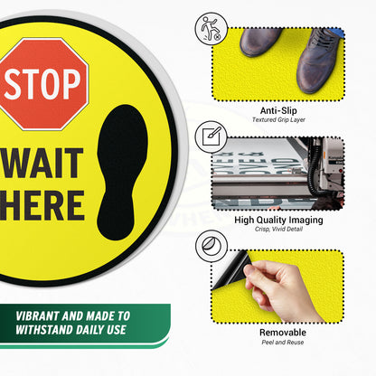 17 x 17in Floor Sticker: Stop Wait Here Yellow Sign (2-Pack)