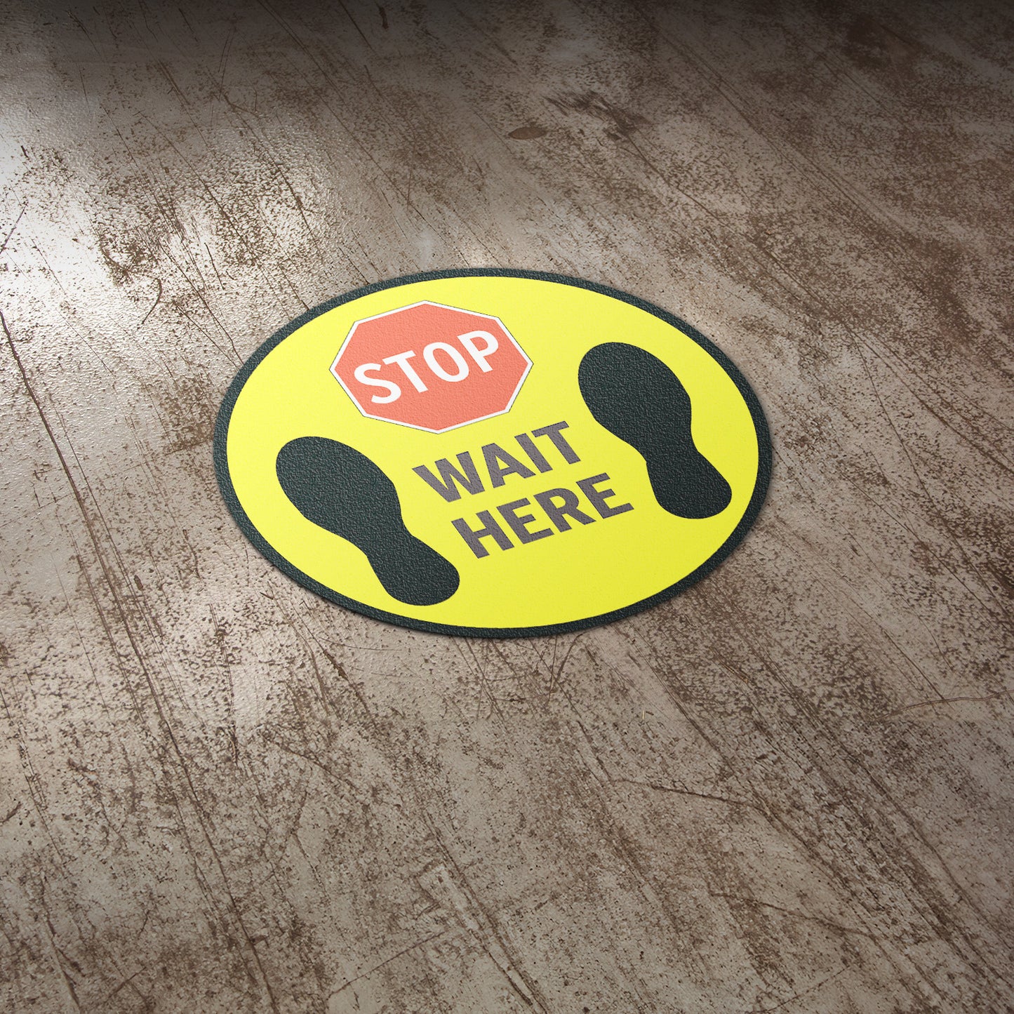 17 x 17in Floor Sticker: Stop Wait Here Yellow Sign (2-Pack)