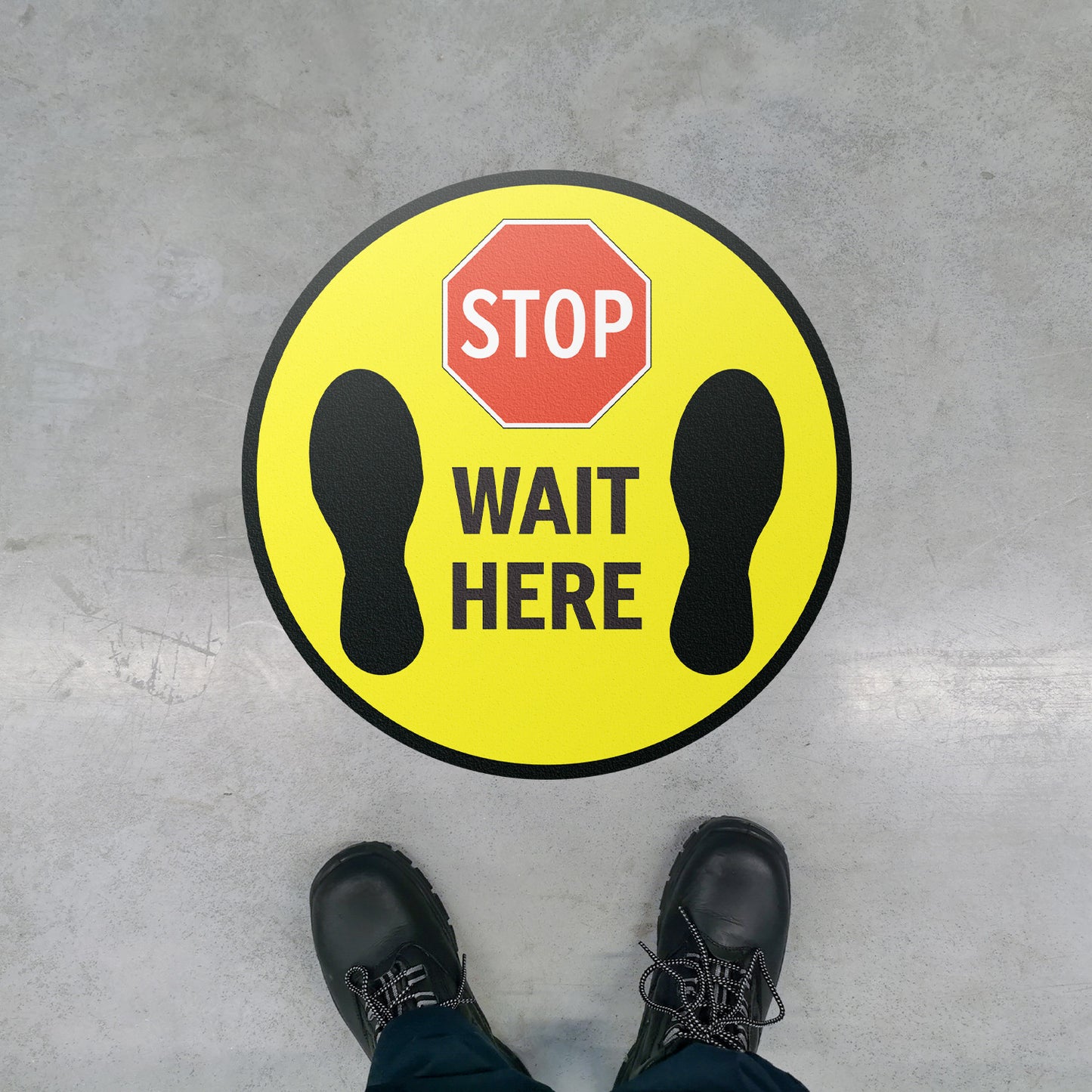 17 x 17in Floor Sticker: Stop Wait Here Yellow Sign (2-Pack)
