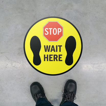 17 x 17in Floor Sticker: Stop Wait Here Yellow Sign (2-Pack)