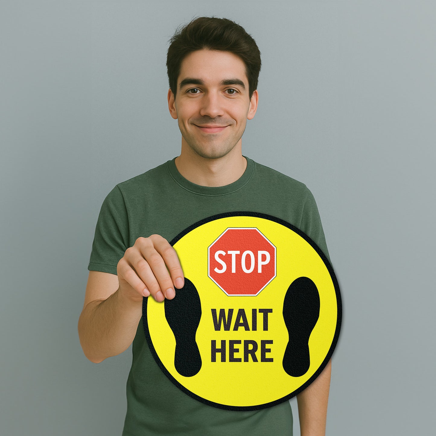 17 x 17in Floor Sticker: Stop Wait Here Yellow Sign (2-Pack)