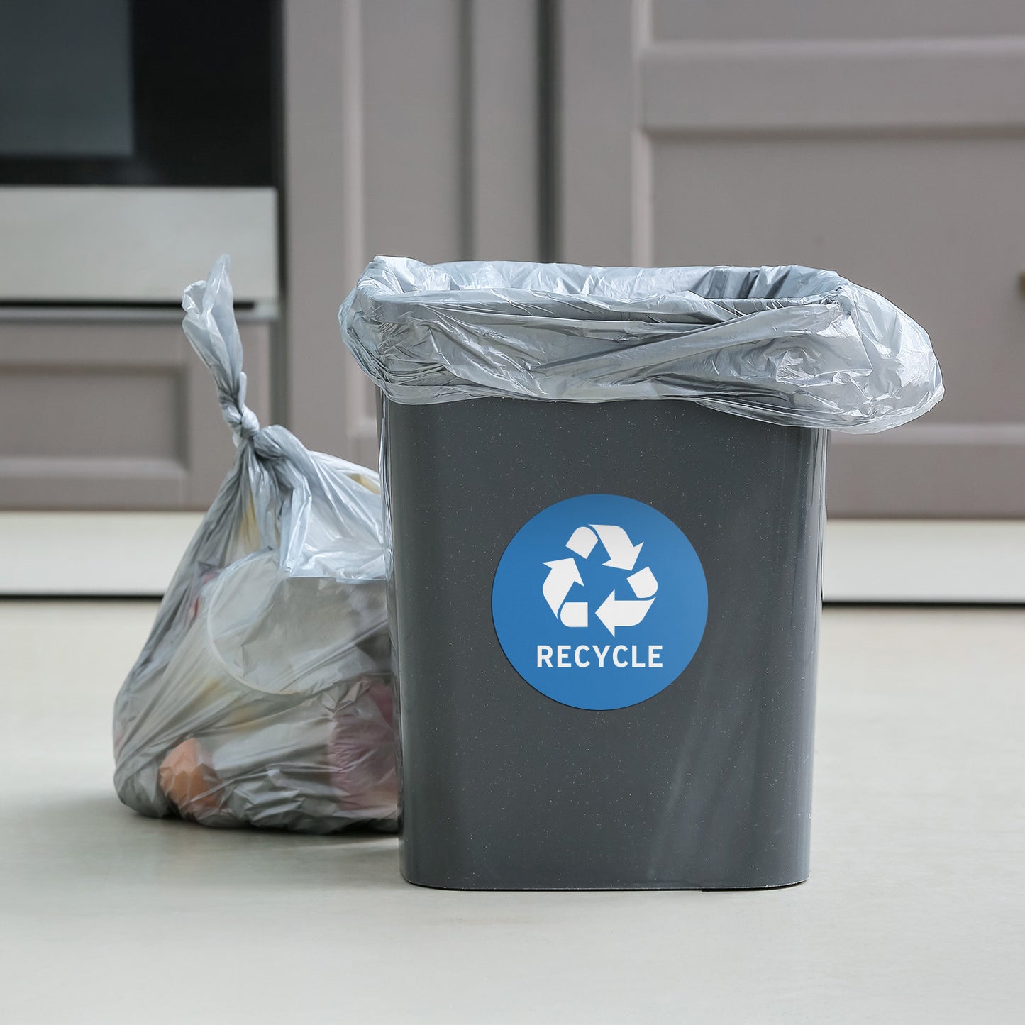 4in Waste Bin Sticker: Recycle Logo Decal (Blue & White)