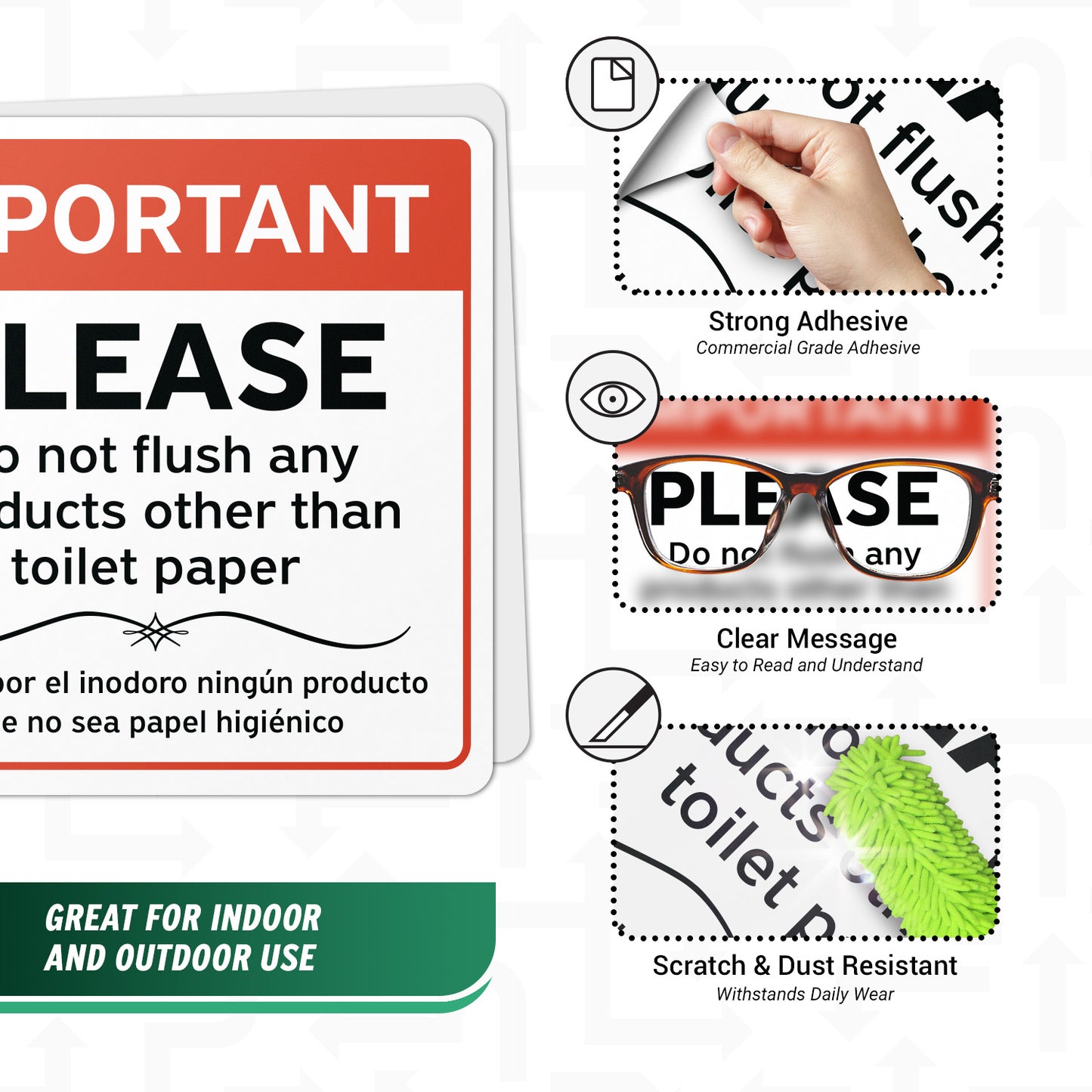 6 x 6in Restroom Sticker: Do Not Flush Bathroom Reminder (Bilingual)