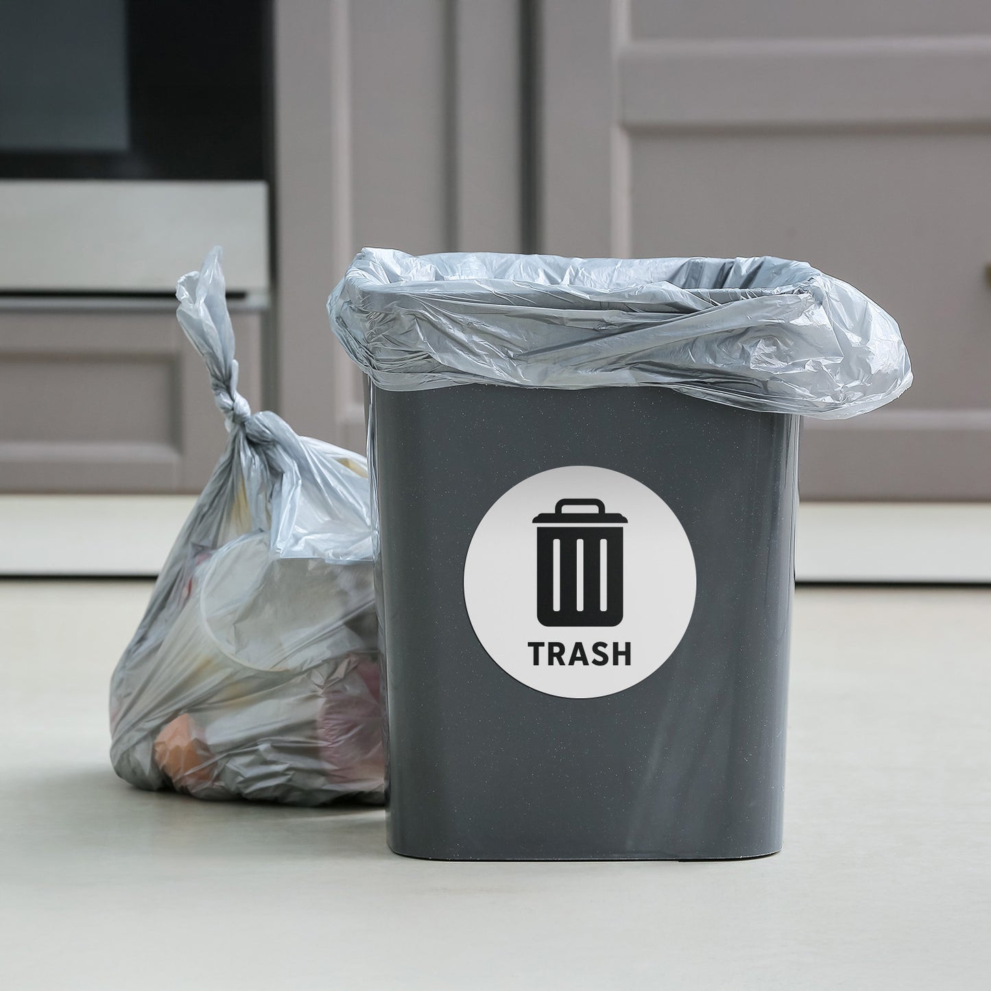 5in Waste Bin Label: Trash Can Image Circle Sticker