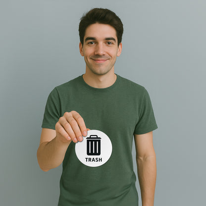 5in Waste Bin Label: Trash Can Image Circle Sticker