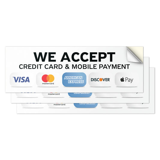 9 x 3in Payment Sticker: We Accept Credit Cards & Mobile Pay Decal