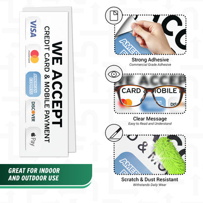 9 x 3in Payment Sticker: We Accept Credit Cards & Mobile Pay Decal