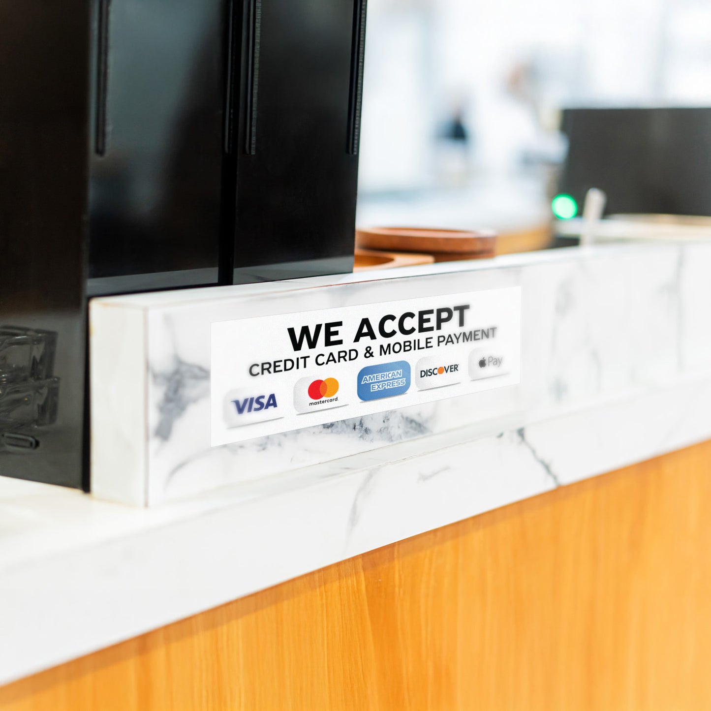 9 x 3in Payment Sticker: We Accept Credit Cards & Mobile Pay Decal