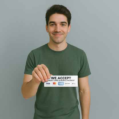 9 x 3in Payment Sticker: We Accept Credit Cards & Mobile Pay Decal
