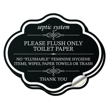 5 x 4in Restroom Decal: Flush Only Toilet Paper Reminder Sticker (Black)
