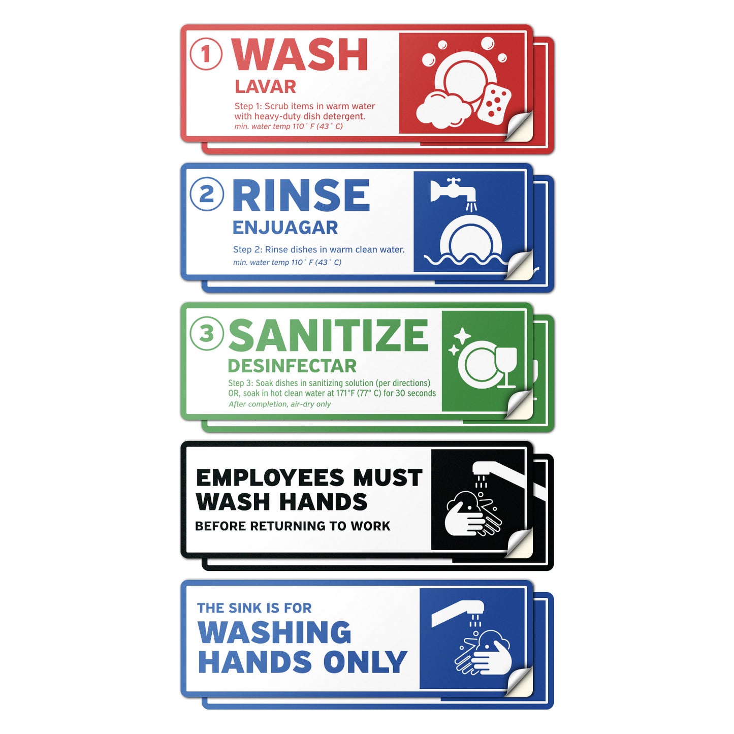 6 x 2in Sink Sticker: Wash, Rinse, Sanitize Label (5-Set)