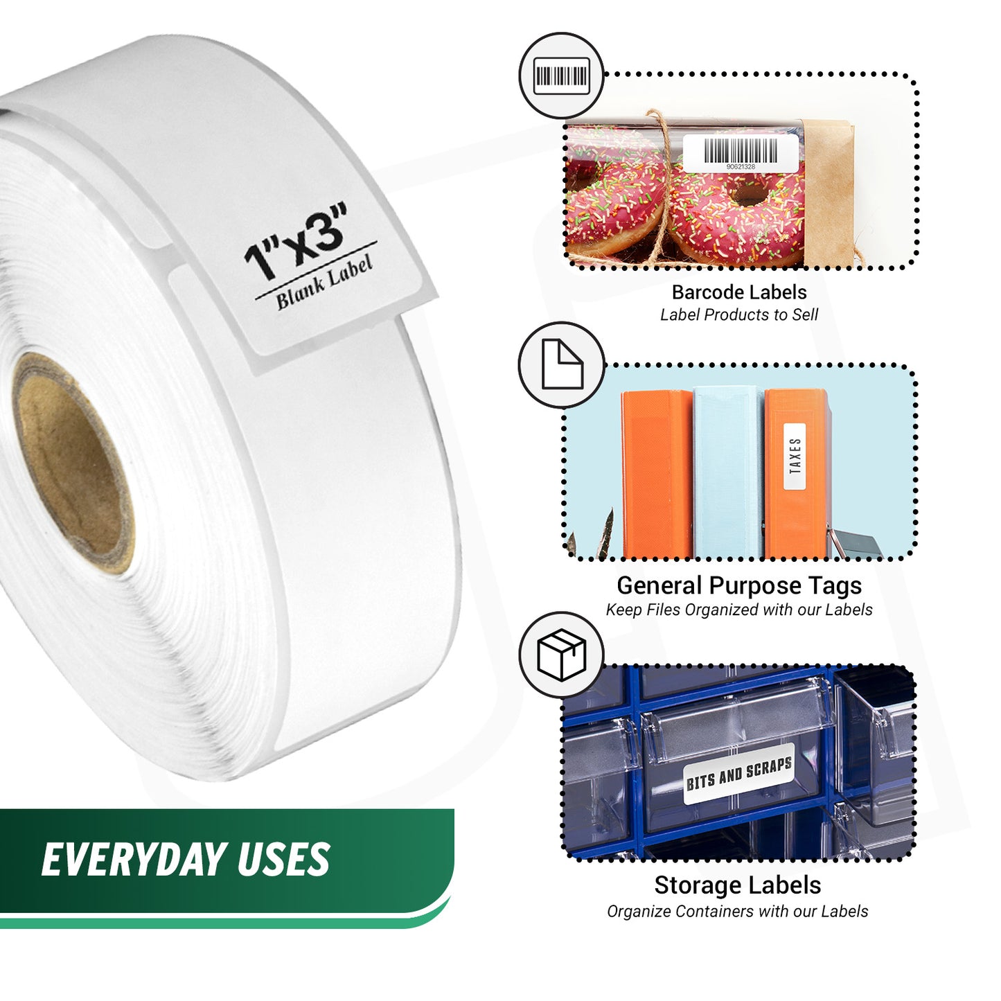 1 x 3in Blank Label: Direct Thermal Permanent Adhesive (1 inch Core)