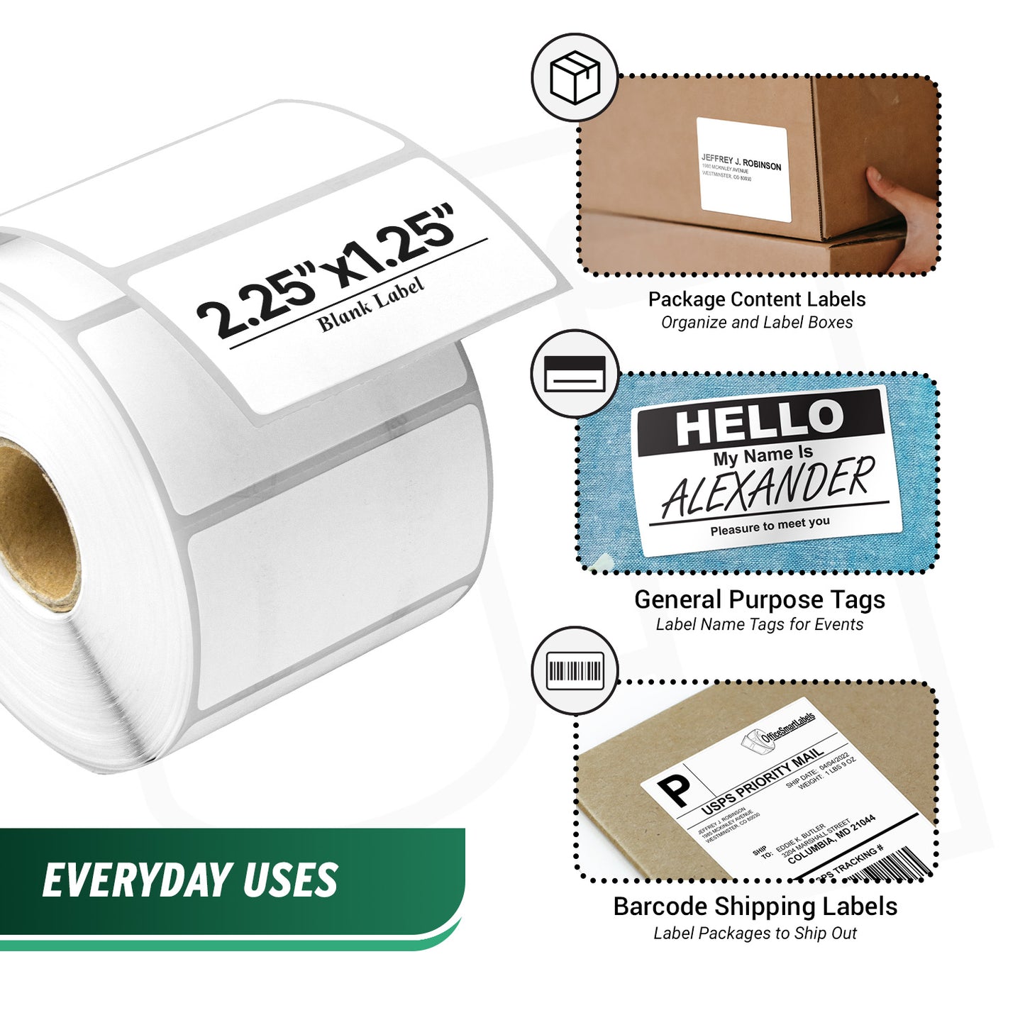 2.25 x 1.25in Blank Label: Direct Thermal Permanent Adhesive (1 inch Core)