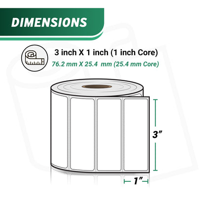 3 x 1in Blank Label: Direct Thermal Permanent Adhesive (1 inch Core)